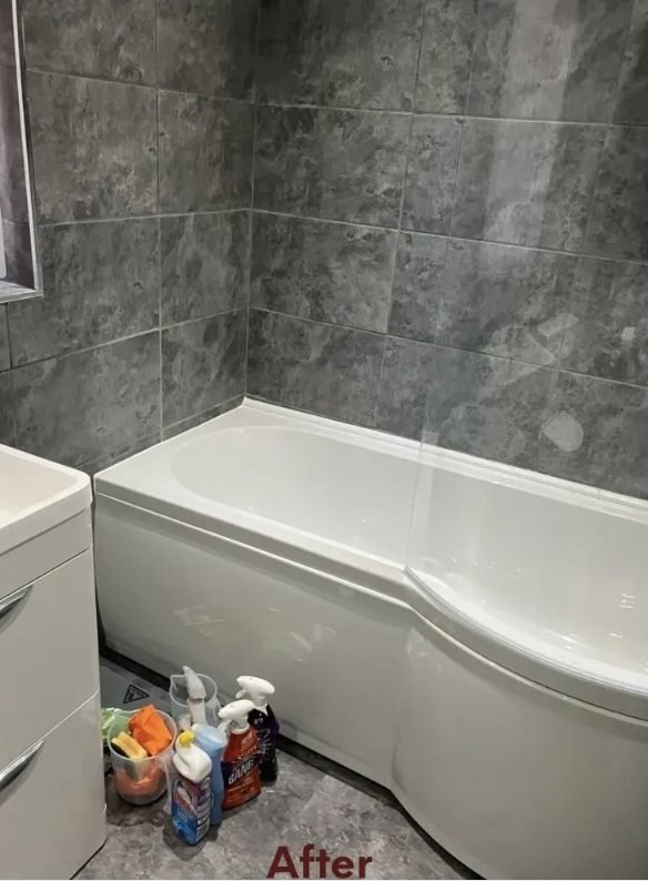 Bathroom after refit, new P-shaped bath and bath panel fitted